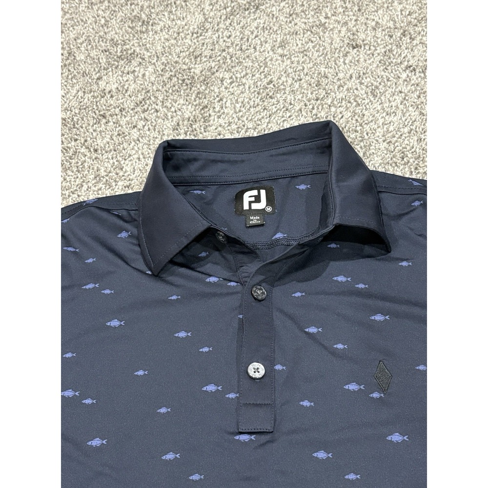 FootJoy Mens ProDry Golf Polo Shirt Navy Blue Fish Print Performance Size Medium